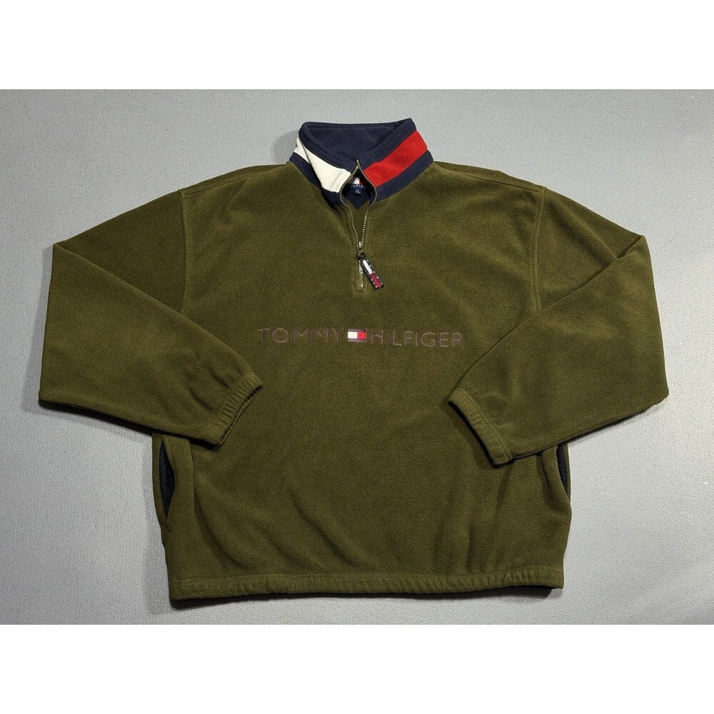 VTG 90s Tommy Hilfiger Fleece Pullover Sweatshirt 1/4 Zip Color Block Neck Sz XL